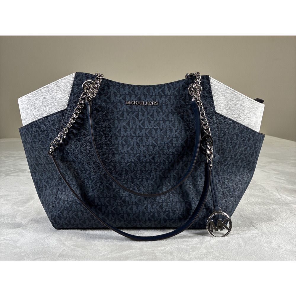 NWT Michael Kors Jet Set Travel Large Chain Shoulder Tote Bag Navy Multi Charity - Picture 1 of 16